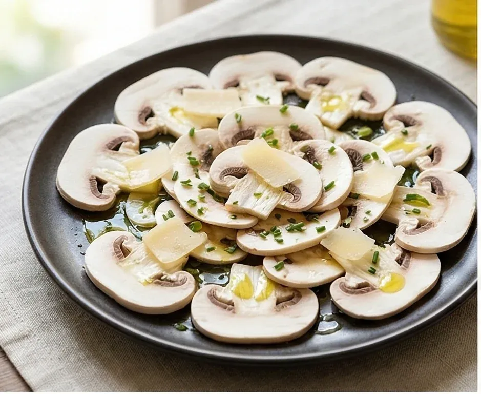 Rohes Pilz-Carpaccio mit Olivenöl, Zitrone und Käsespänen