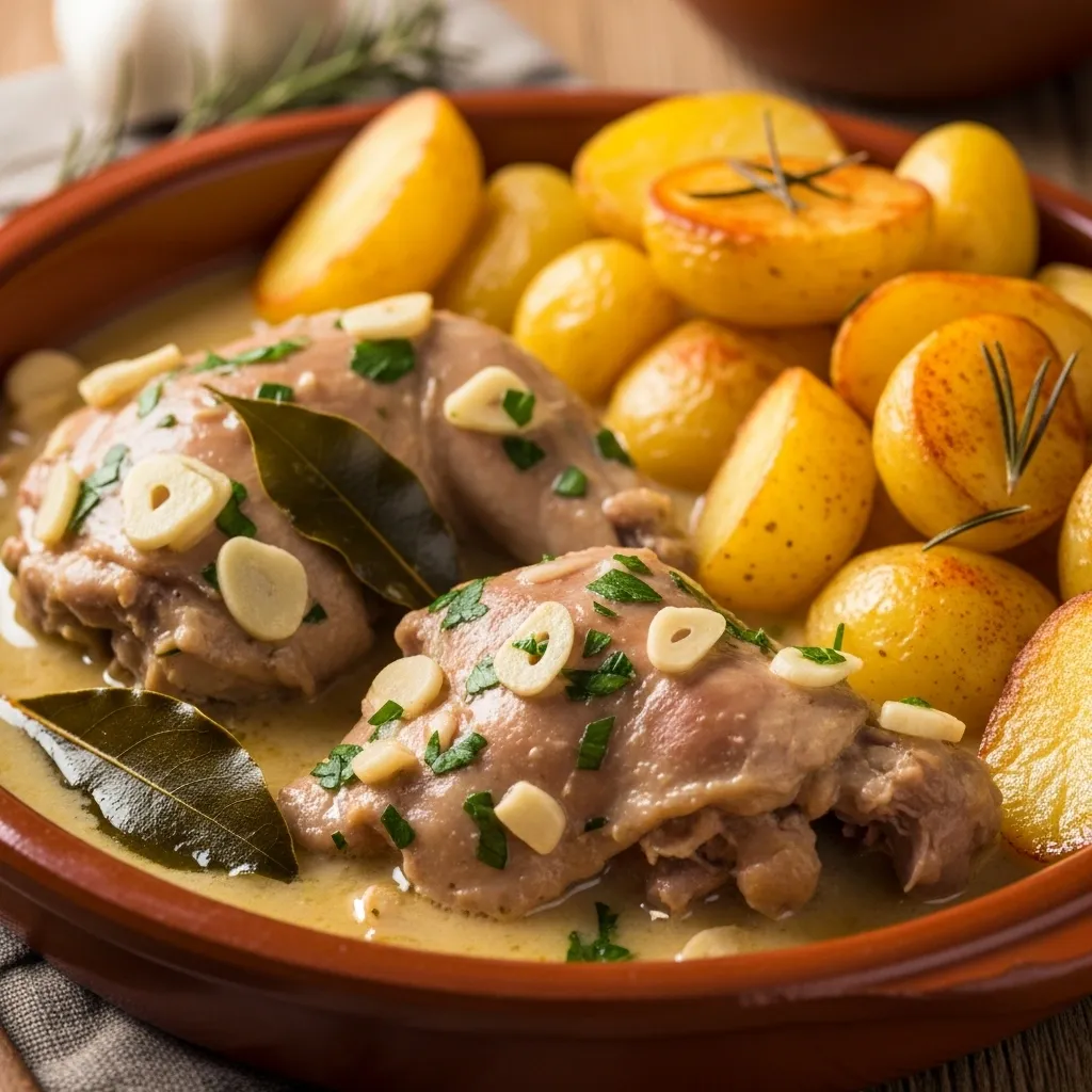 Kaninchen in Knoblauchsauce mit gebackenen Kartoffelscheiben
