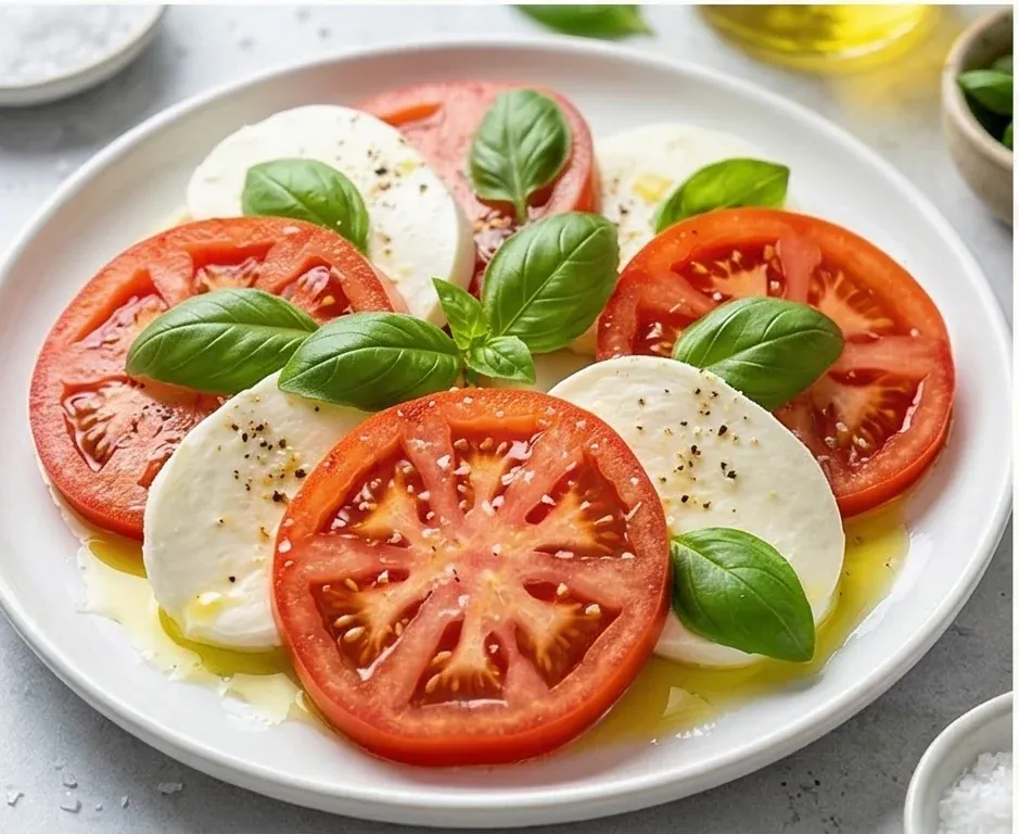 Caprese-Salat mit saisonalen Tomaten und leichtem Mozzarella