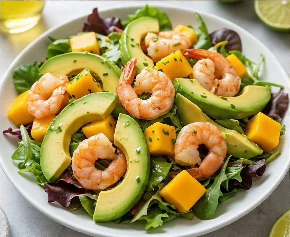 Tropischer Salat mit Avocado, Mango und gekochten Garnelen