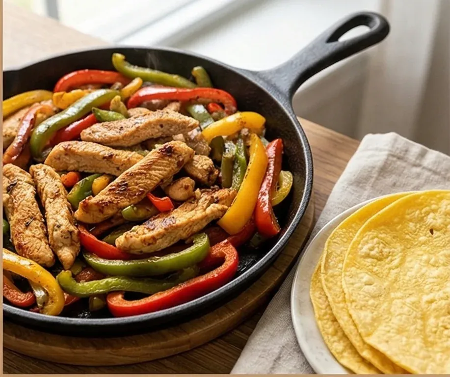 Hähnchen-Fajitas mit gerösteter Paprika in Mais-Tortillas