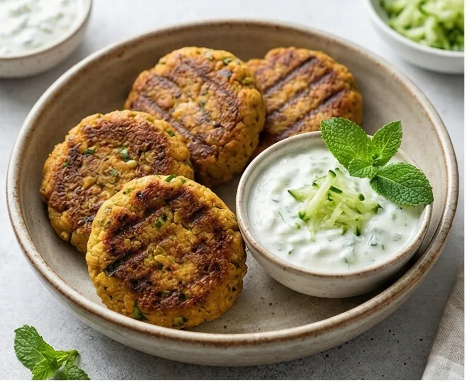 Gegrillte Kichererbsen-Burger (Falafel) mit Tzatziki-Sauce