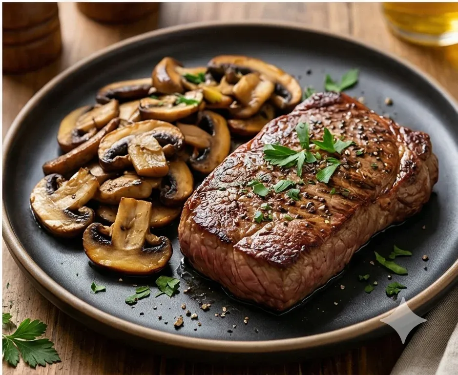 Gegrilltes Rindersteak mit Knoblauch-Champignons