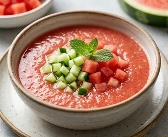 Wassermelonen-Gazpacho mit Gurkenwürfeln
