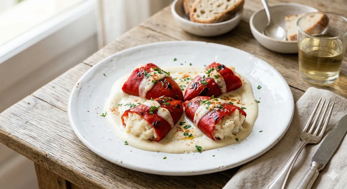Mit Kabeljau und Garnelen gefüllte Piquillo-Paprika
