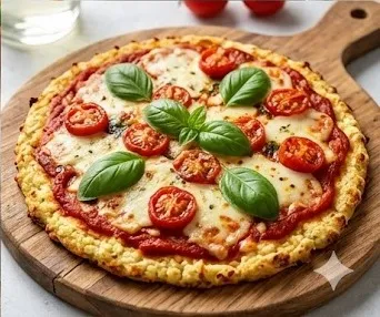 Blumenkohl-Pizza mit Tomate und leichtem Mozzarella