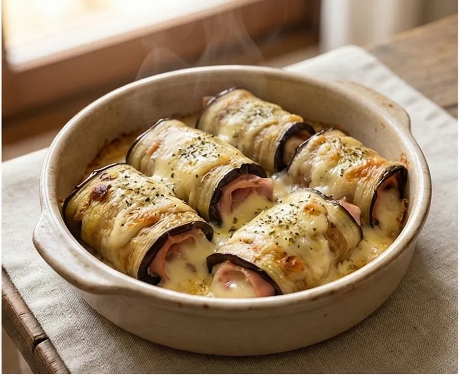 Gebackene Auberginen-Röllchen mit Schinken und Käse