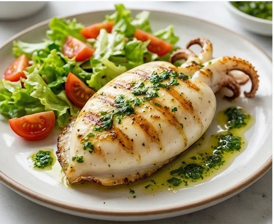 Gegrillter Tintenfisch (Sepia) mit Knoblauch und Petersilie