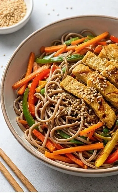 Buchweizen-Soba-Nudel-Wok mit Gemüse und Heura